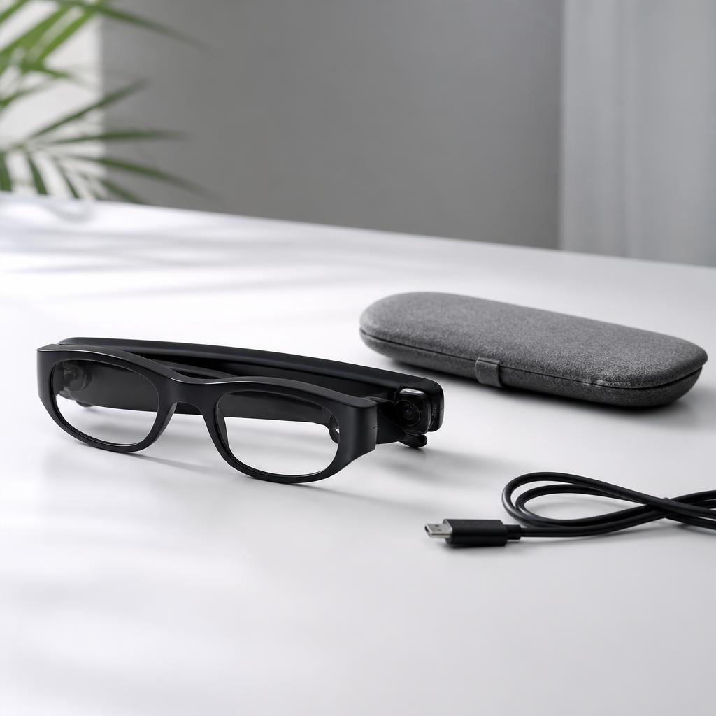 Gafas inteligentes junto a su cable de carga y su funda protectora