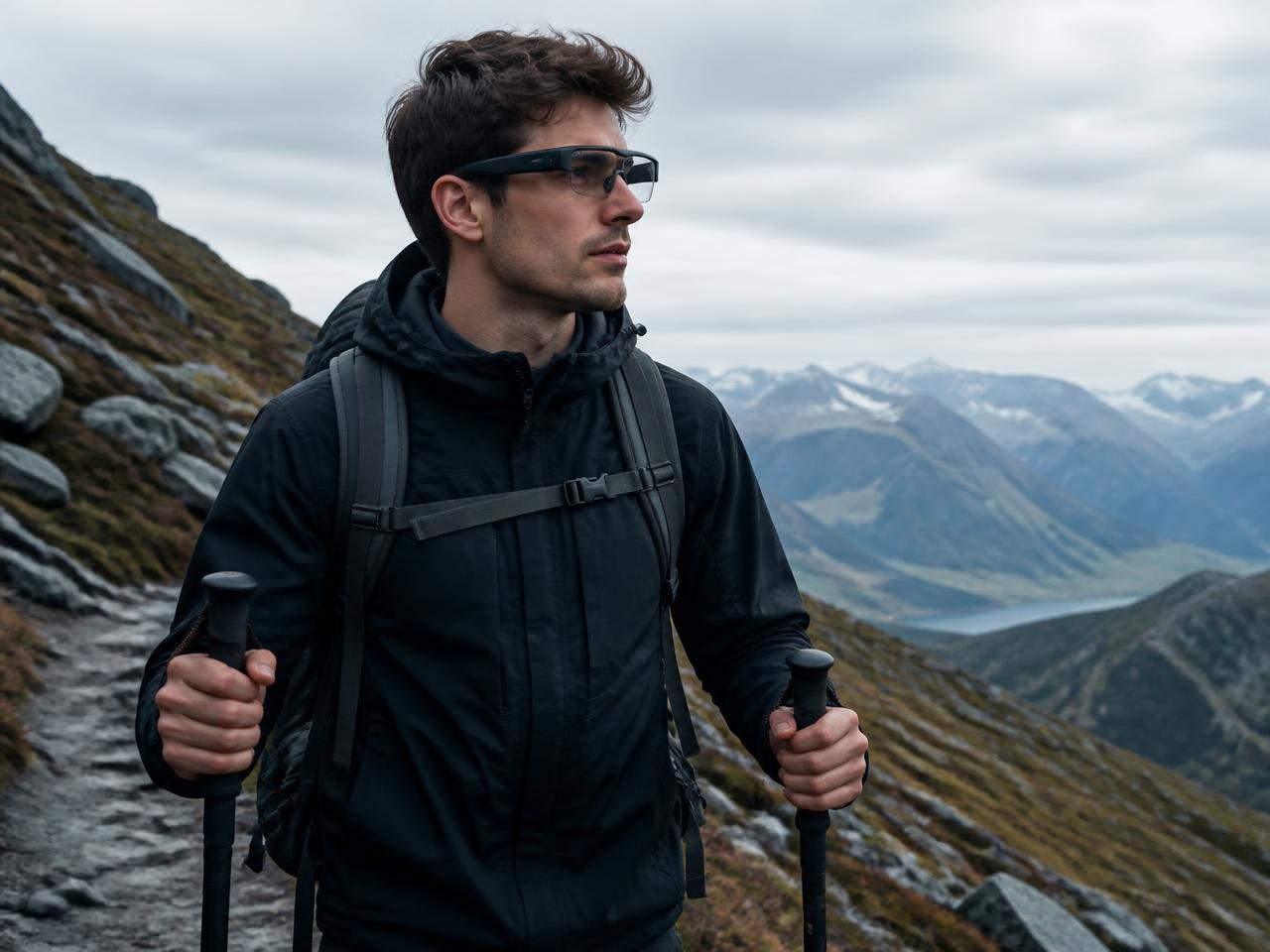 Persona con las gafas inteligentes puestas grabando durante una ruta de senderismo